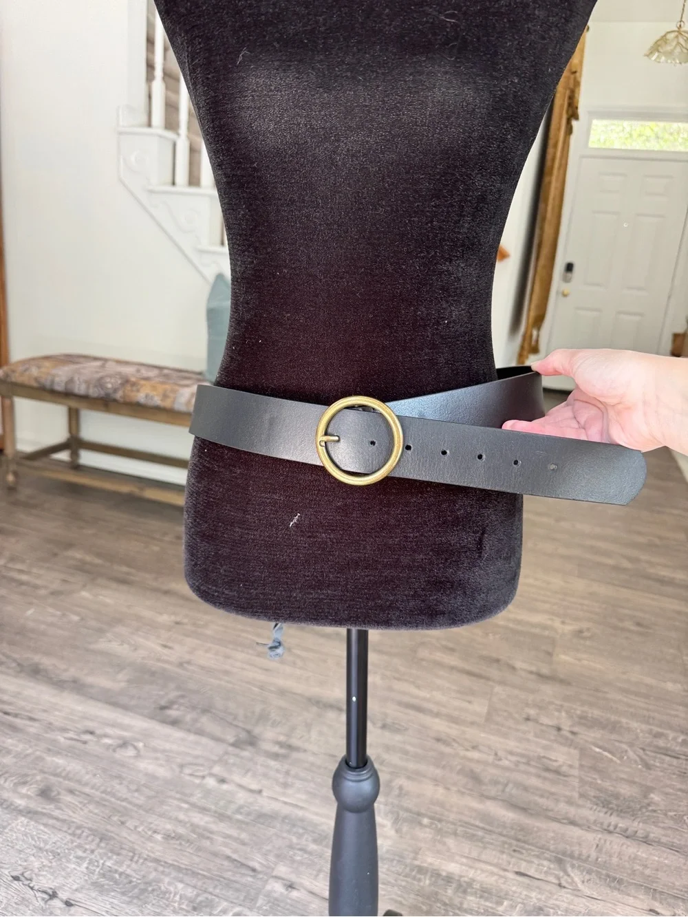 Black Leather Wife Belt with Gold Round Buckle - Women Accessories